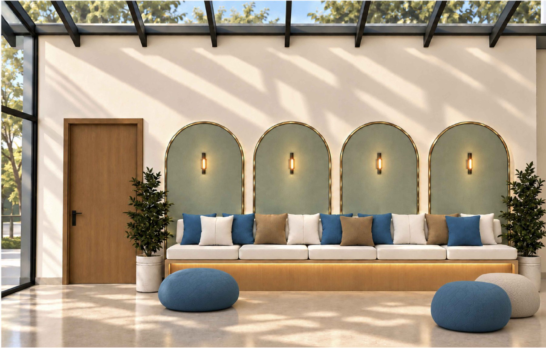 Design render of the KiteLabs reception: a cushioned bench under arched wall panels, beneath a glass roof