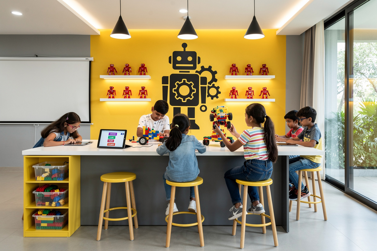 Children on yellow stools building brick robots at the workbench in the Robotics Lab