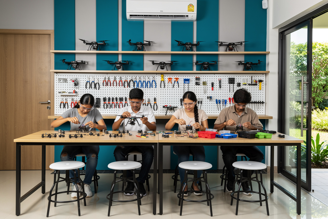 Four students in safety glasses assembling small drones at a workbench