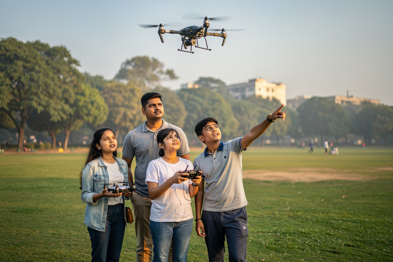 Students and an instructor flying a drone on a park lawn, one girl holding the controller
