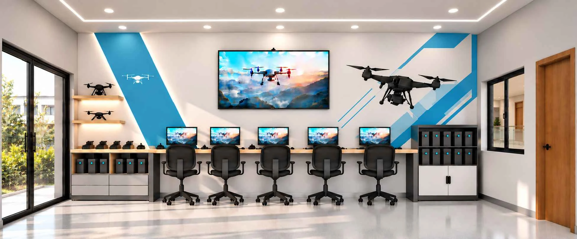 Design render of the Drone Lab workbench: four stools at a bench with a tool wall and drones on shelves above
