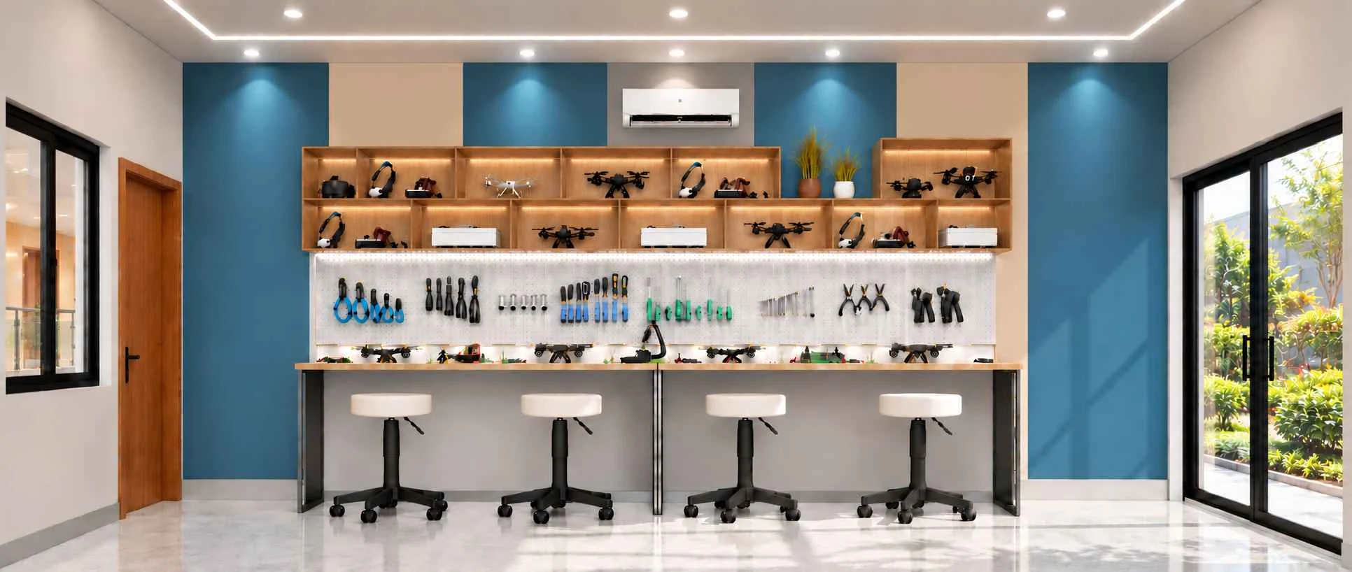 Design render of the Drone Lab: five computer stations along a wall with a large screen and drones displayed on shelves