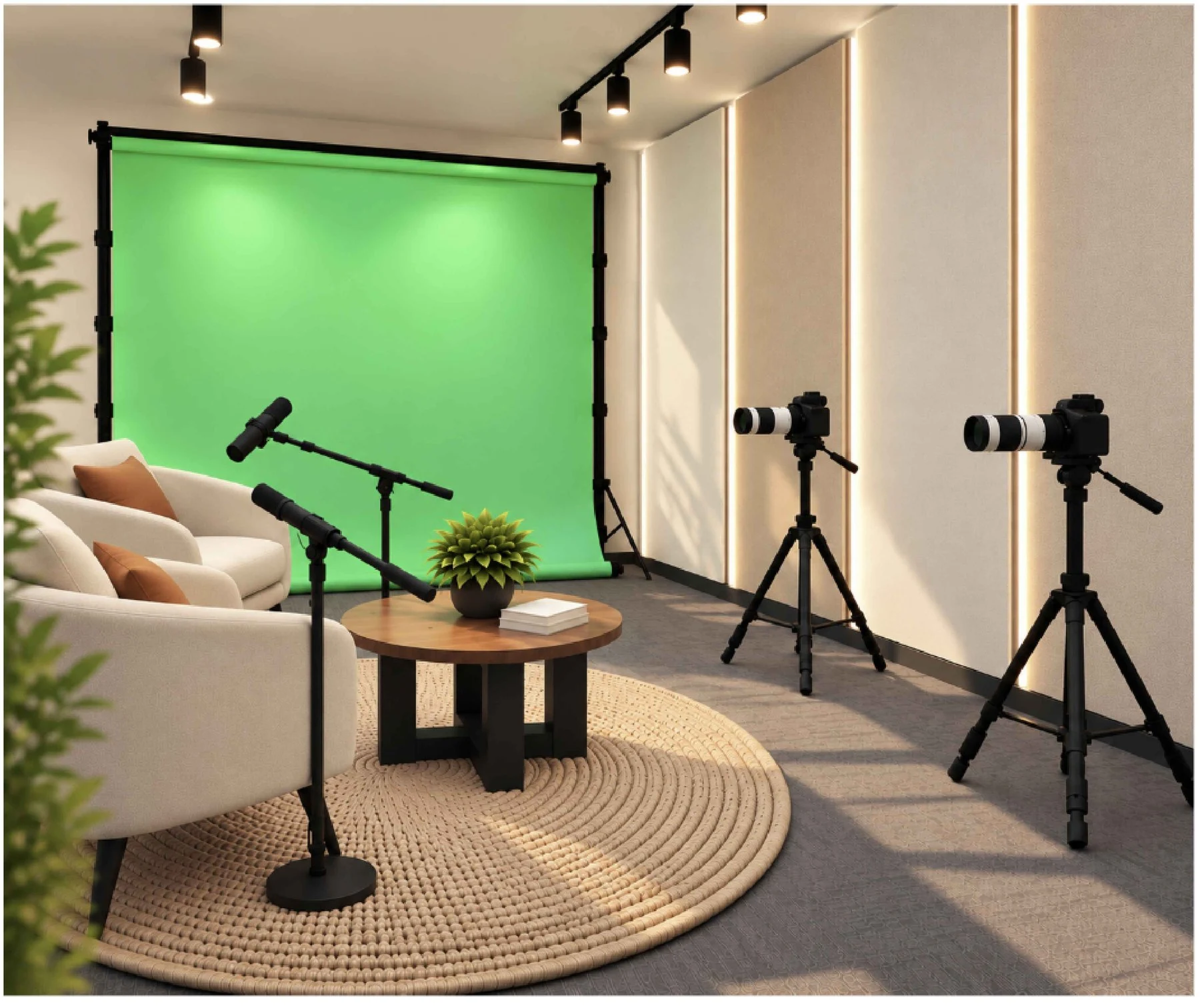 Design render of the recording studio from the other side, with a green screen, two cameras on tripods and microphones