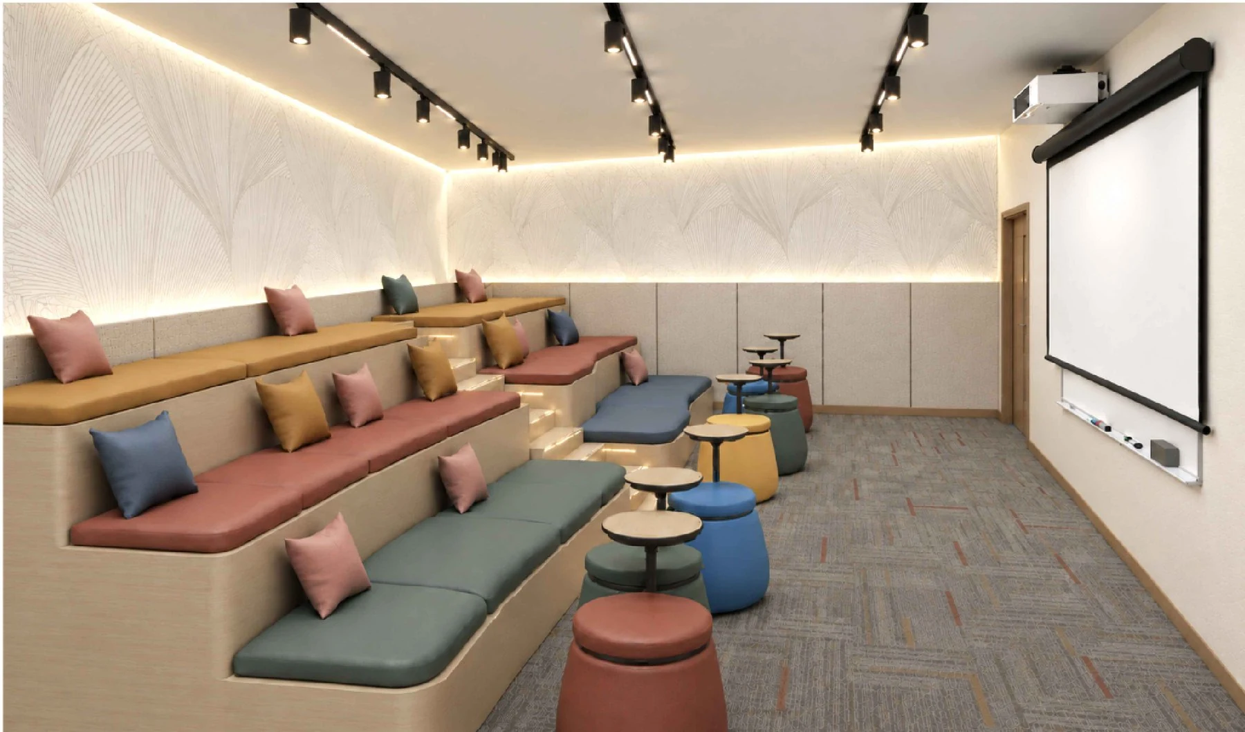 Design render of the amphitheatre: tiered cushioned seating facing a projector screen