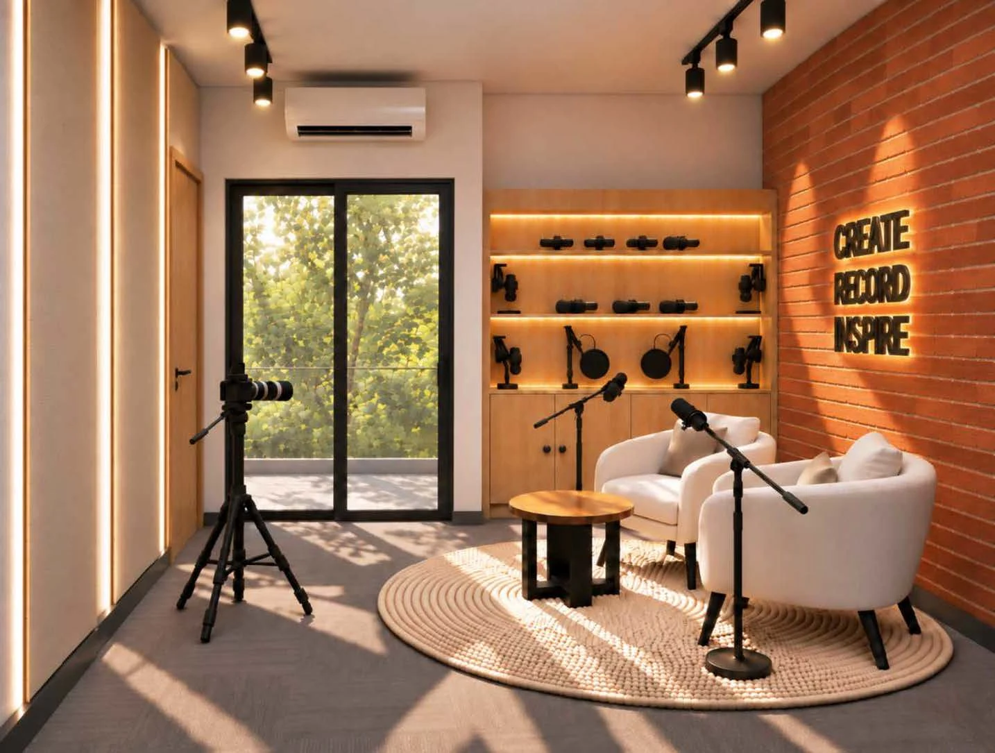 Design render of the recording studio: two armchairs with microphones, a camera on a tripod and a brick wall with the words Create, Record, Inspire