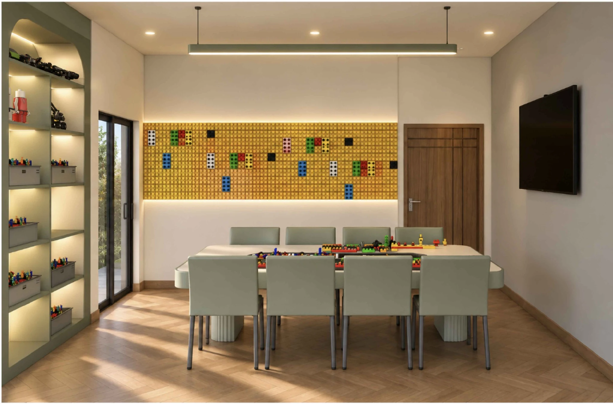 Design render of the Robotics Lab from the other side, with robot models on wall shelves and the words Think, Build, Code, Innovate